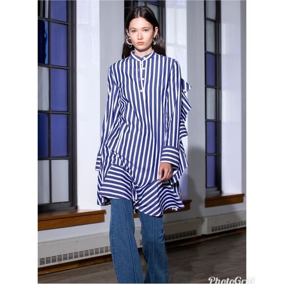 ADEAM Blue and White Striped RUFFLE SHIRT DRESS Top Size M - Picture 1 of 9